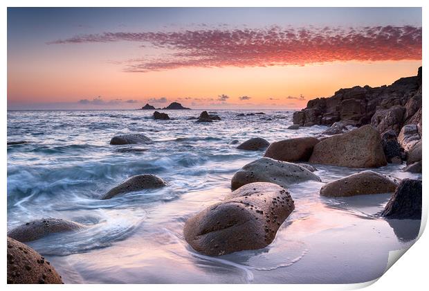 Sunset at Porth Nanven Cove in Cornwall Print by Helen Hotson