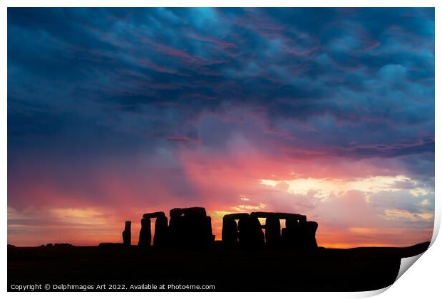 Stonehenge at sunset, dramatic sky Print by Delphimages Art