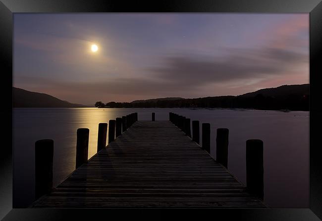 Coniston Pier in Moonlight Framed Print by Pete Hemington