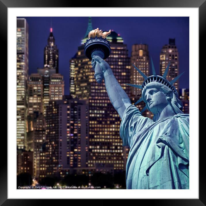 Statue of Liberty at night, New York Framed Mounted Print by Delphimages Art