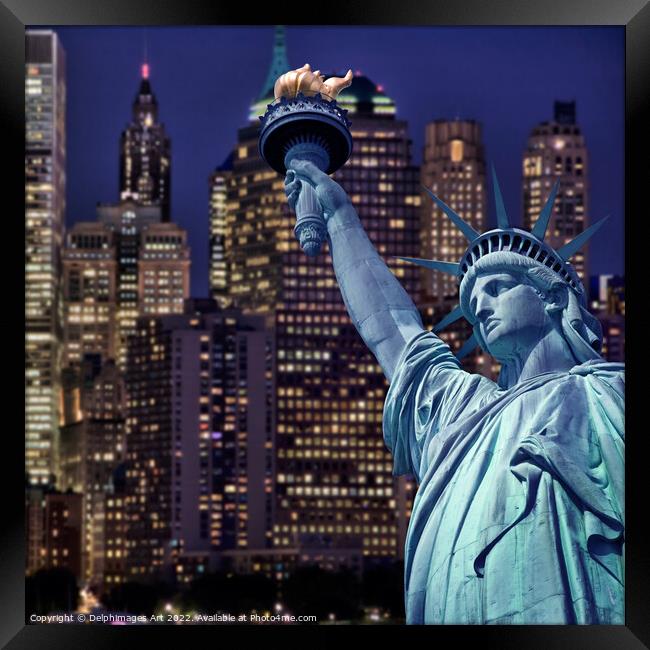 Statue of Liberty at night, New York Framed Print by Delphimages Art
