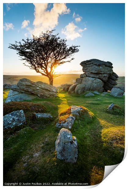 Emsworthy Rocks sunset, Dartmoor Print by Justin Foulkes