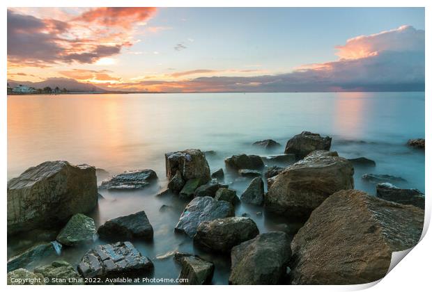 Beautiful shot of rocks on the seashore time lapse Print by Stan Lihai