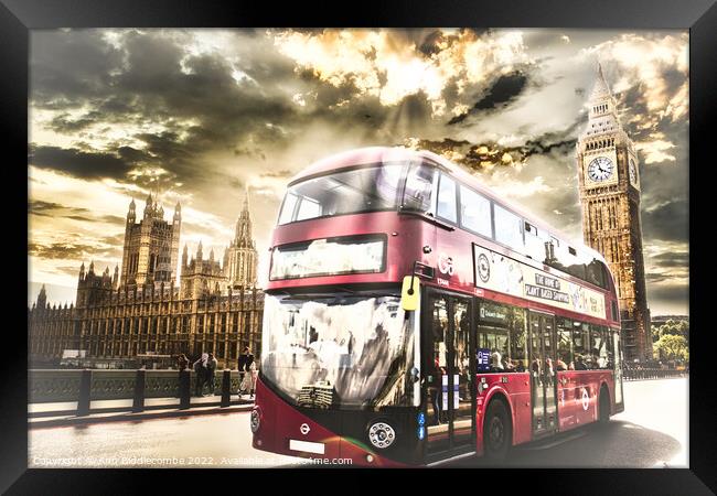 London bus and the houses of parliament  Framed Print by Ann Biddlecombe