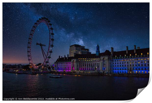 London eye at night Print by Ann Biddlecombe