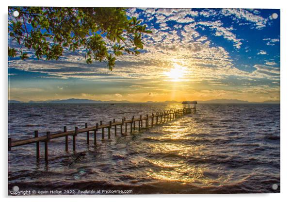 Sunrise over a pier in Phang Nga Bay Acrylic by Kevin Hellon