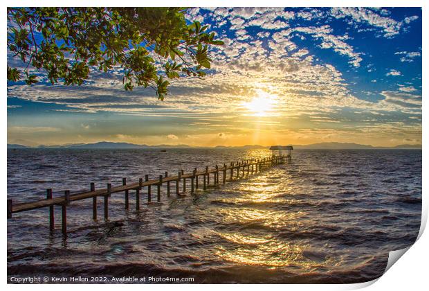 Sunrise over a pier in Phang Nga Bay Print by Kevin Hellon