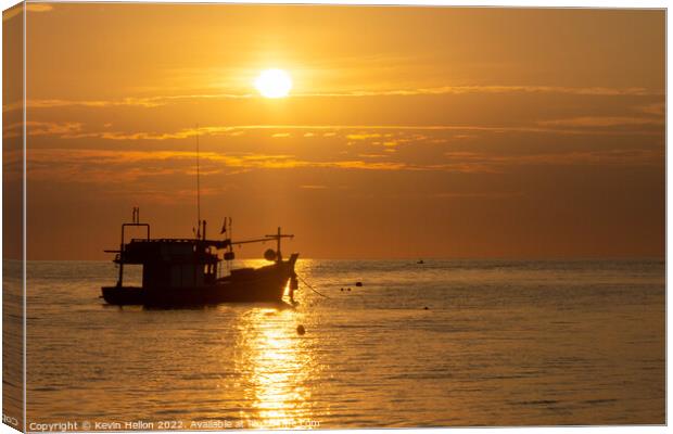 Fishing boat at sunset, Bang Tao beach, Phuket, Thailand Canvas Print by Kevin Hellon
