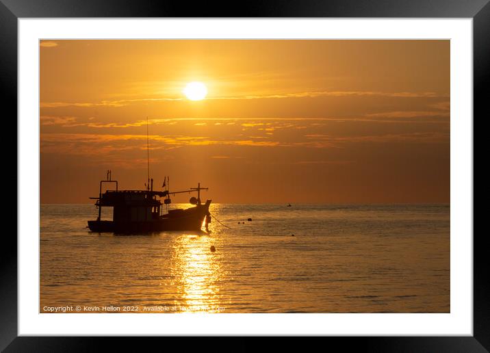 Fishing boat at sunset, Bang Tao beach, Phuket, Thailand Framed Mounted Print by Kevin Hellon