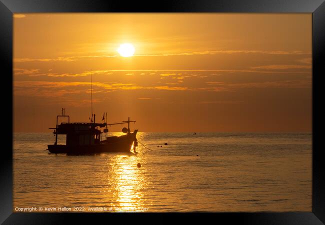 Fishing boat at sunset, Bang Tao beach, Phuket, Thailand Framed Print by Kevin Hellon