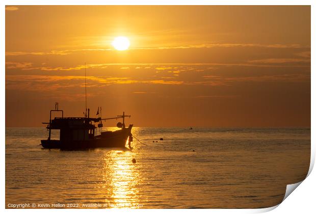 Fishing boat at sunset, Bang Tao beach, Phuket, Thailand Print by Kevin Hellon