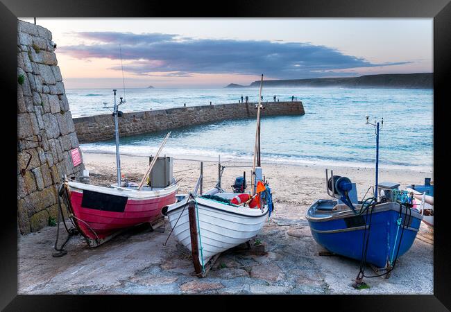 Fishing boats on the beach at Sennen Cove Framed Print by Helen Hotson