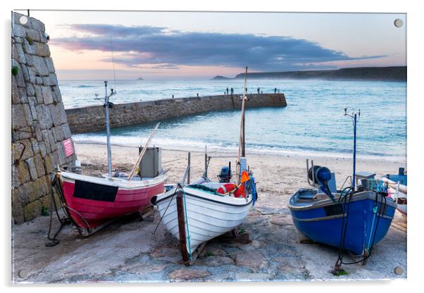Fishing boats on the beach at Sennen Cove Acrylic by Helen Hotson
