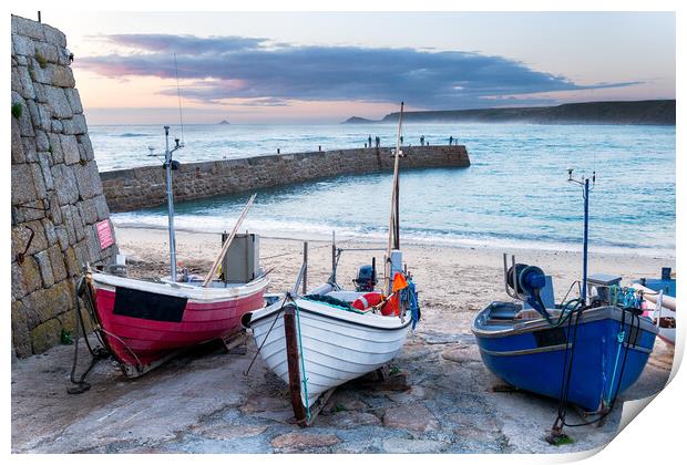 Fishing boats on the beach at Sennen Cove Print by Helen Hotson
