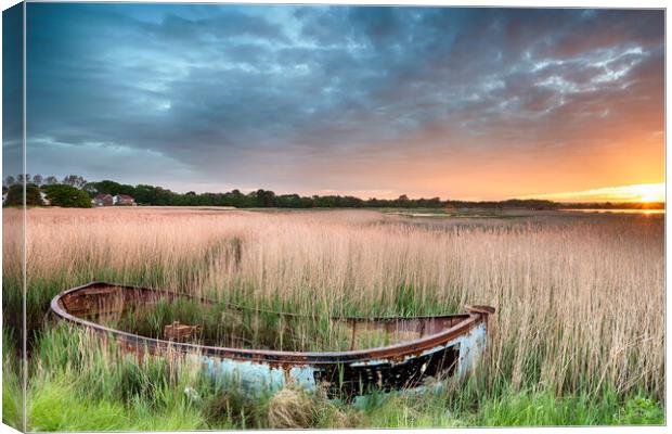 Boat in the Reeds Canvas Print by Helen Hotson
