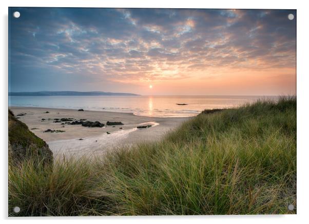 Sunset over Hayle Beach Acrylic by Helen Hotson