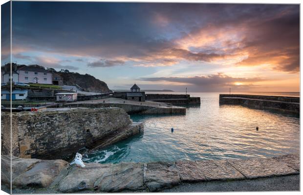 Sunrise at historic Charlestown harbour on the Cornwall coast near St Austell Canvas Print by Helen Hotson
