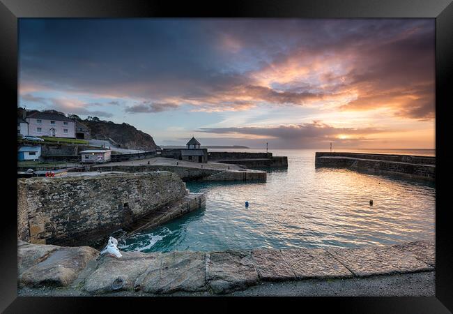 Sunrise at historic Charlestown harbour on the Cornwall coast near St Austell Framed Print by Helen Hotson
