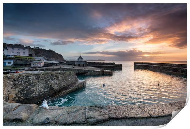 Sunrise at historic Charlestown harbour on the Cornwall coast near St Austell Print by Helen Hotson