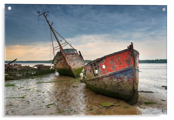 Old boat wrecks under a stormy sky Acrylic by Helen Hotson