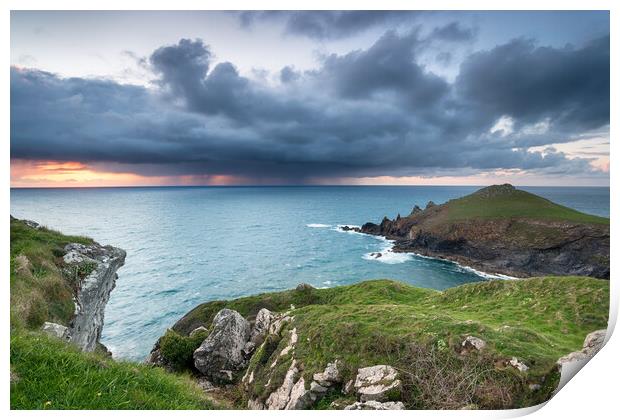 Rain Clouds over the Cornish Coast Print by Helen Hotson