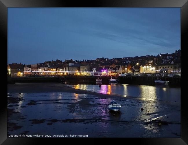 Whitby Harbour at Night Framed Print by Fiona Williams