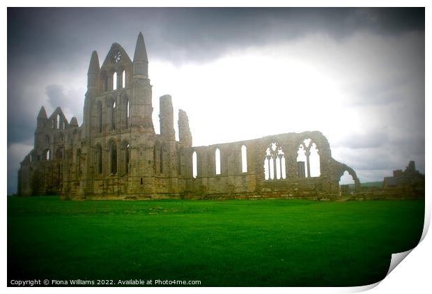 Whitby Abbey ruins on a cloudy day Print by Fiona Williams