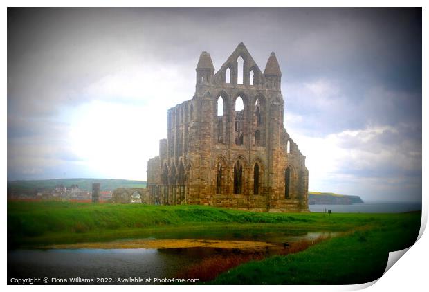 Whitby Abbey and pond Print by Fiona Williams