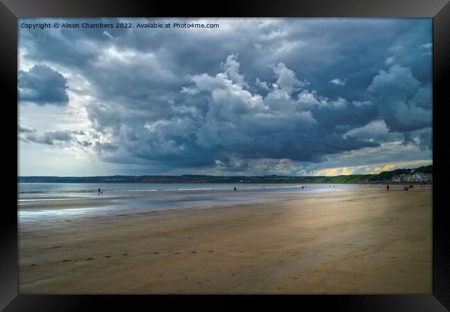 Filey Beach Moody Sky Framed Print by Alison Chambers