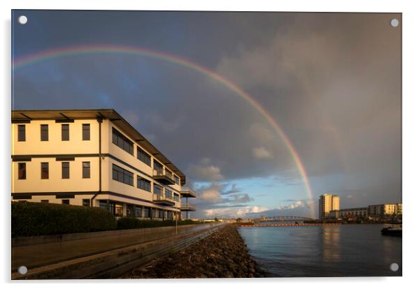 A rainbow over Swansea Marina Acrylic by Leighton Collins