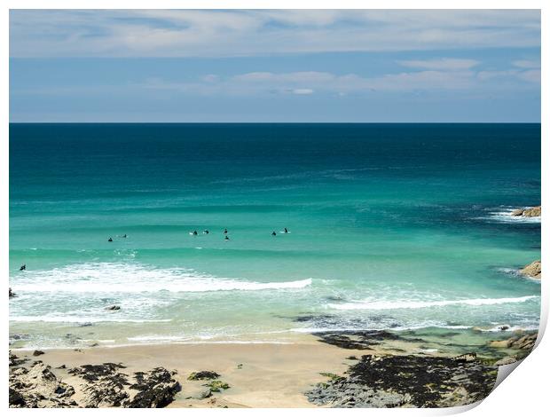 Surfers watching for waves at Little Fistral beach Print by Tony Twyman