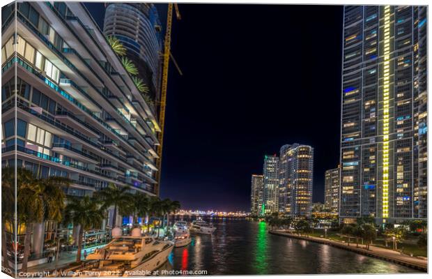 Miami River Night Water Reflections Downtown Florida Canvas Print by William Perry