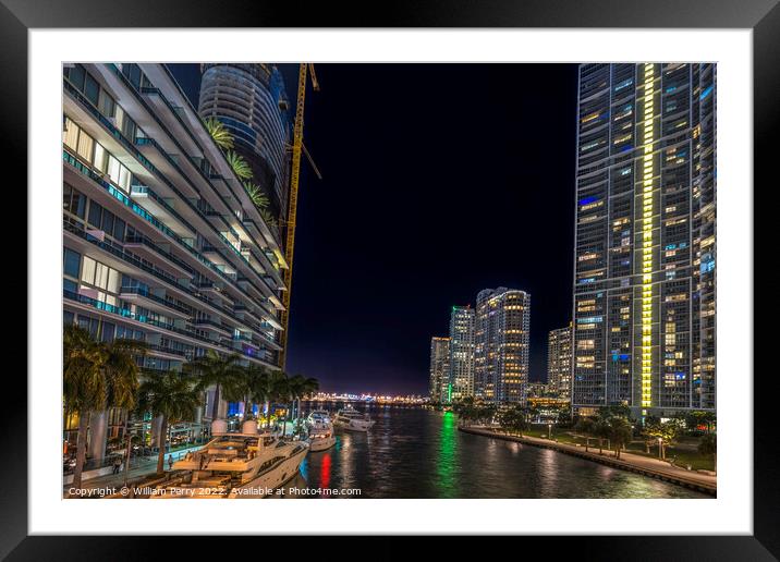 Miami River Night Water Reflections Downtown Florida Framed Mounted Print by William Perry