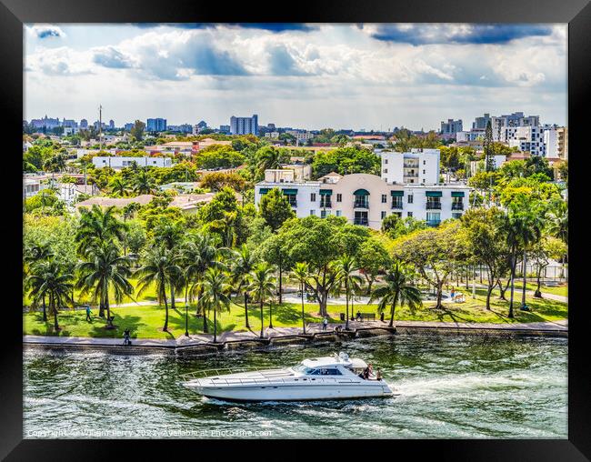 Miami River Water Yacht Downtown Miami Florida Framed Print by William Perry