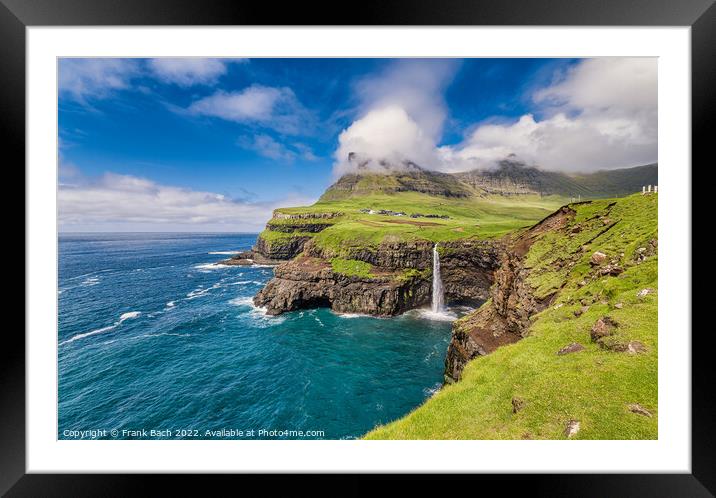 Gasadalur with Mulafossur waterfall on Vagar, Faroe Islands Framed Mounted Print by Frank Bach