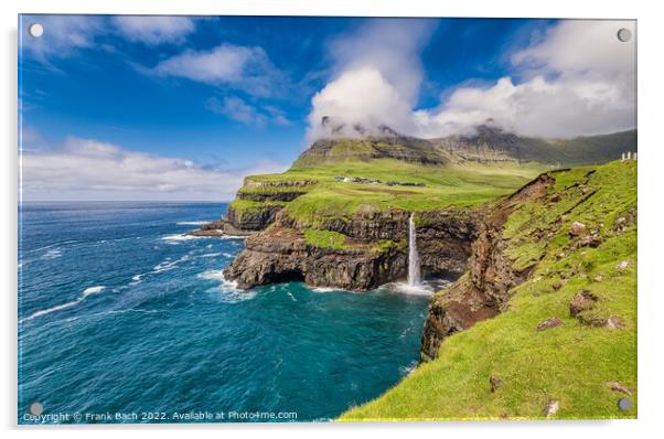 Gasadalur with Mulafossur waterfall on Vagar, Faroe Islands Acrylic by Frank Bach