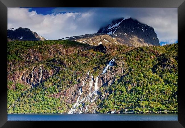 Nordfjord Waterfalls and Mountains, Norway Framed Print by Martyn Arnold