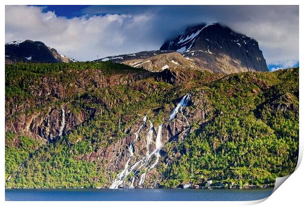 Nordfjord Waterfalls and Mountains, Norway Print by Martyn Arnold