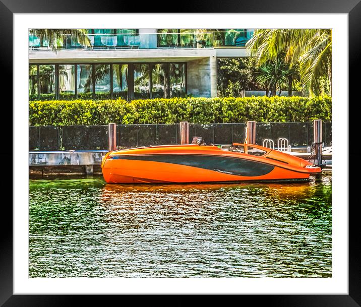 Orange Speedboat Flamingo Waterway Miami Beach Florida Framed Mounted Print by William Perry