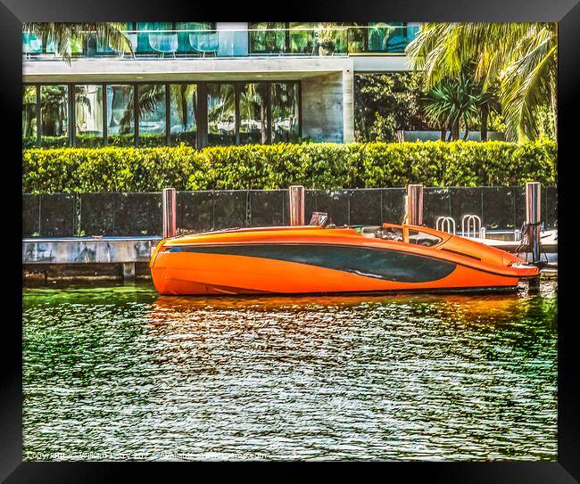 Orange Speedboat Flamingo Waterway Miami Beach Florida Framed Print by William Perry