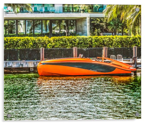 Orange Speedboat Flamingo Waterway Miami Beach Florida Acrylic by William Perry