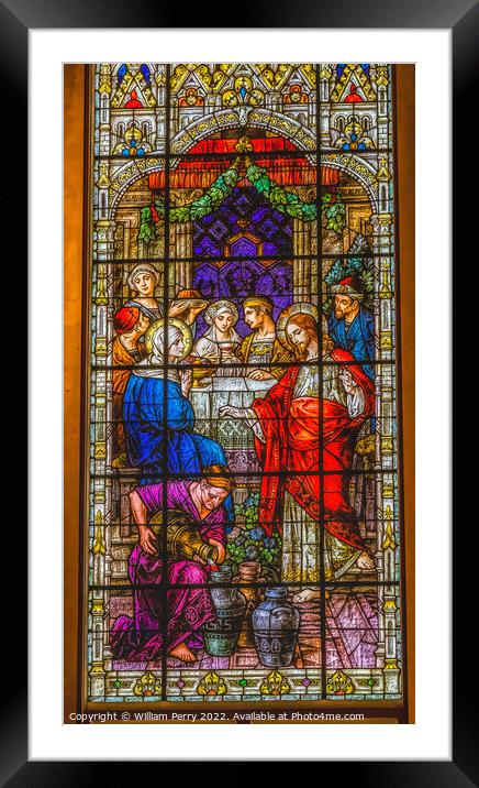 Jesus Changing Water Wine Stained Glass Gesu Church Miami Florid Framed Mounted Print by William Perry