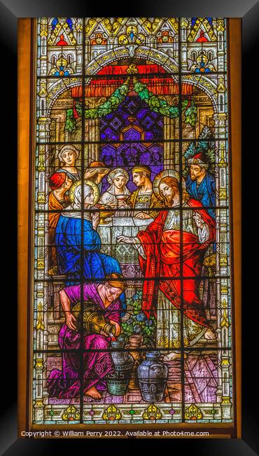 Jesus Changing Water Wine Stained Glass Gesu Church Miami Florid Framed Print by William Perry