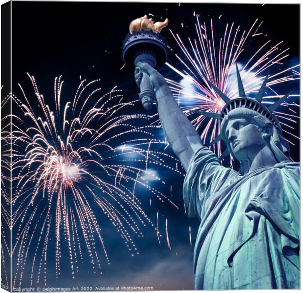 Statue of Liberty, New York fireworks Canvas Print by Delphimages Art