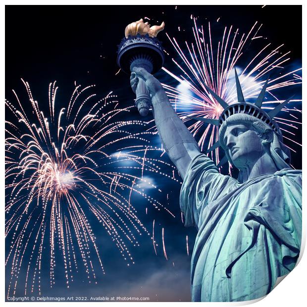 Statue of Liberty, New York fireworks Print by Delphimages Art