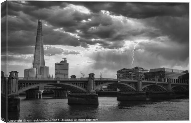 The Shard behind the Southwark Bridge in monochrome Canvas Print by Ann Biddlecombe