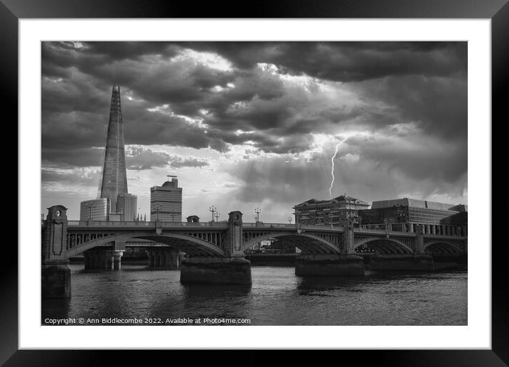 The Shard behind the Southwark Bridge in monochrome Framed Mounted Print by Ann Biddlecombe
