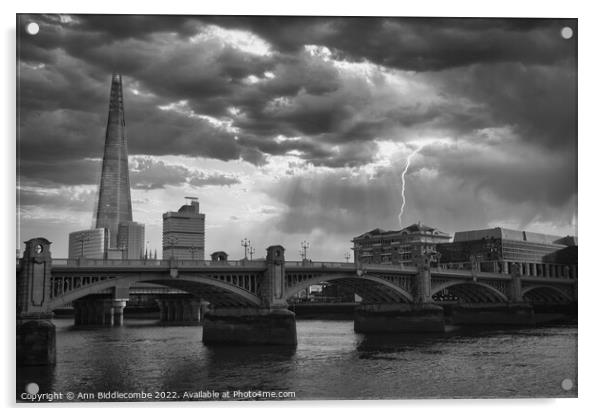The Shard behind the Southwark Bridge in monochrome Acrylic by Ann Biddlecombe