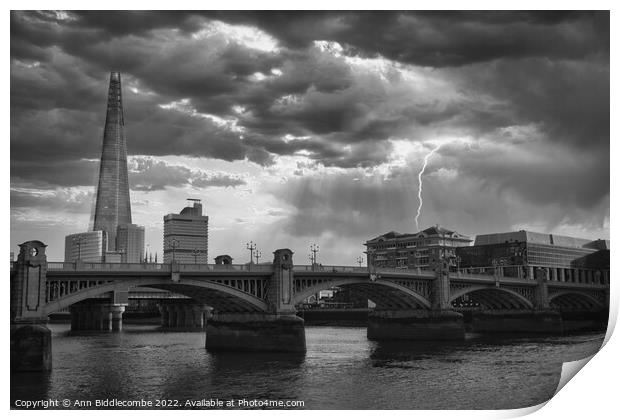 The Shard behind the Southwark Bridge in monochrome Print by Ann Biddlecombe