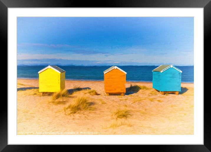 Colourful Beach Huts of Findhorn Framed Mounted Print by Barbara Jones